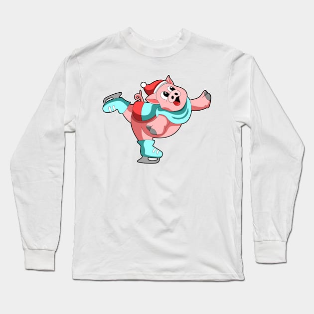 Pig at Ice skating with Ice skates Long Sleeve T-Shirt by Markus Schnabel